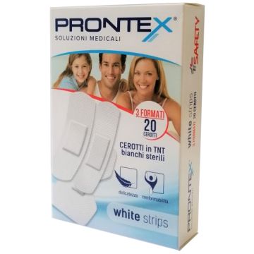 Cerotto prontex white strips in tessuto non tessuto bianco sterile 3 formati 20 pezzi