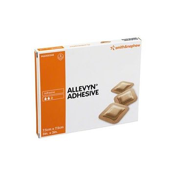 Medicazione idrocellulare adesiva sterile allevyn adhesive altamente assorbente in schiuma di poliuretano a struttura tristratificata 7,5x7,5cm 3 pezzi
