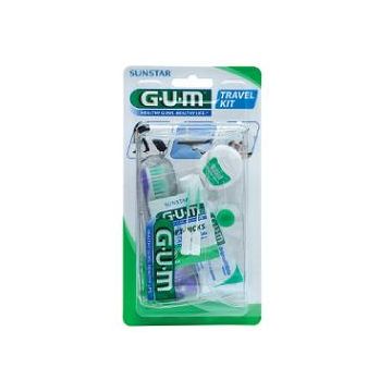 Gum travel kit viaggio 1 spazzolino pieghevole gum travel + 1 dentifricio viaggio 12 ml + 1 rocchetto filo interdentale 10mt + 2 scovolini gomma gum soft picks