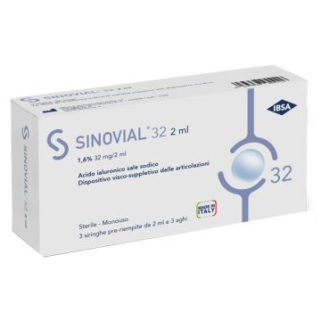 Siringa intra-articolare sinovial 32 acido ialuronico sale sodico 1,6% 32mg/2ml 3 siringhe x 2ml + 3 aghi