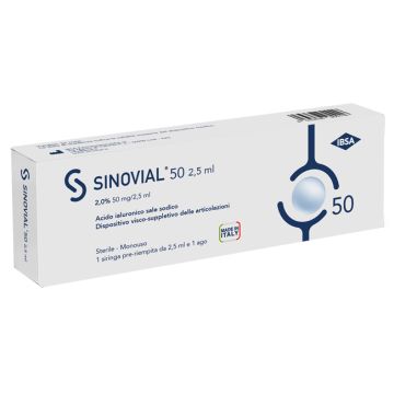 Siringa intra-articolare sinovial 50 acido ialuronico sale sodico 2% 50mg/2,5ml 2,5ml + ago 21 gauge