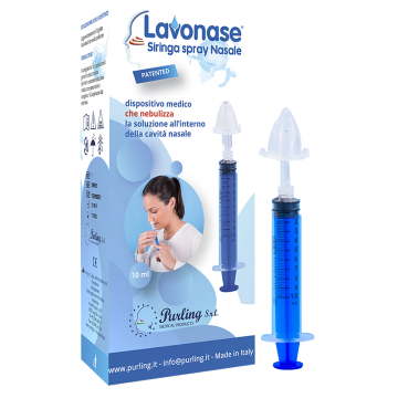 Lavonase siringa spray nasale non sterile 10 ml luer-lock con cappuccio + ugello nasale con raccordo luer-lock + perforatore con valvola non ritorno con tappo