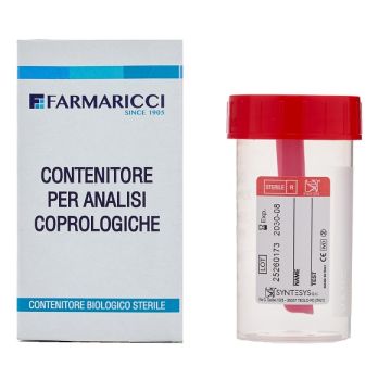 Contenitore coprotainer per feci da 60 ml 35x70 mm in polipropilene graduato con tappo a vite 1 pezzo